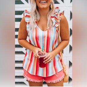$6❤️Bundled Boutique Striped Ruffle Sleeve Tank Top